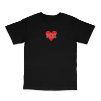 a black t - shirt with a red heart on it