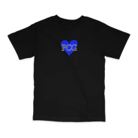 a black t - shirt with a blue heart on it
